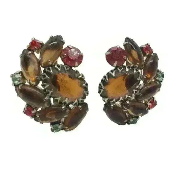 Vintage 60s Big Earrings Rhinestone Molded Glass Chunky Big Statement - Picture 3 of 10